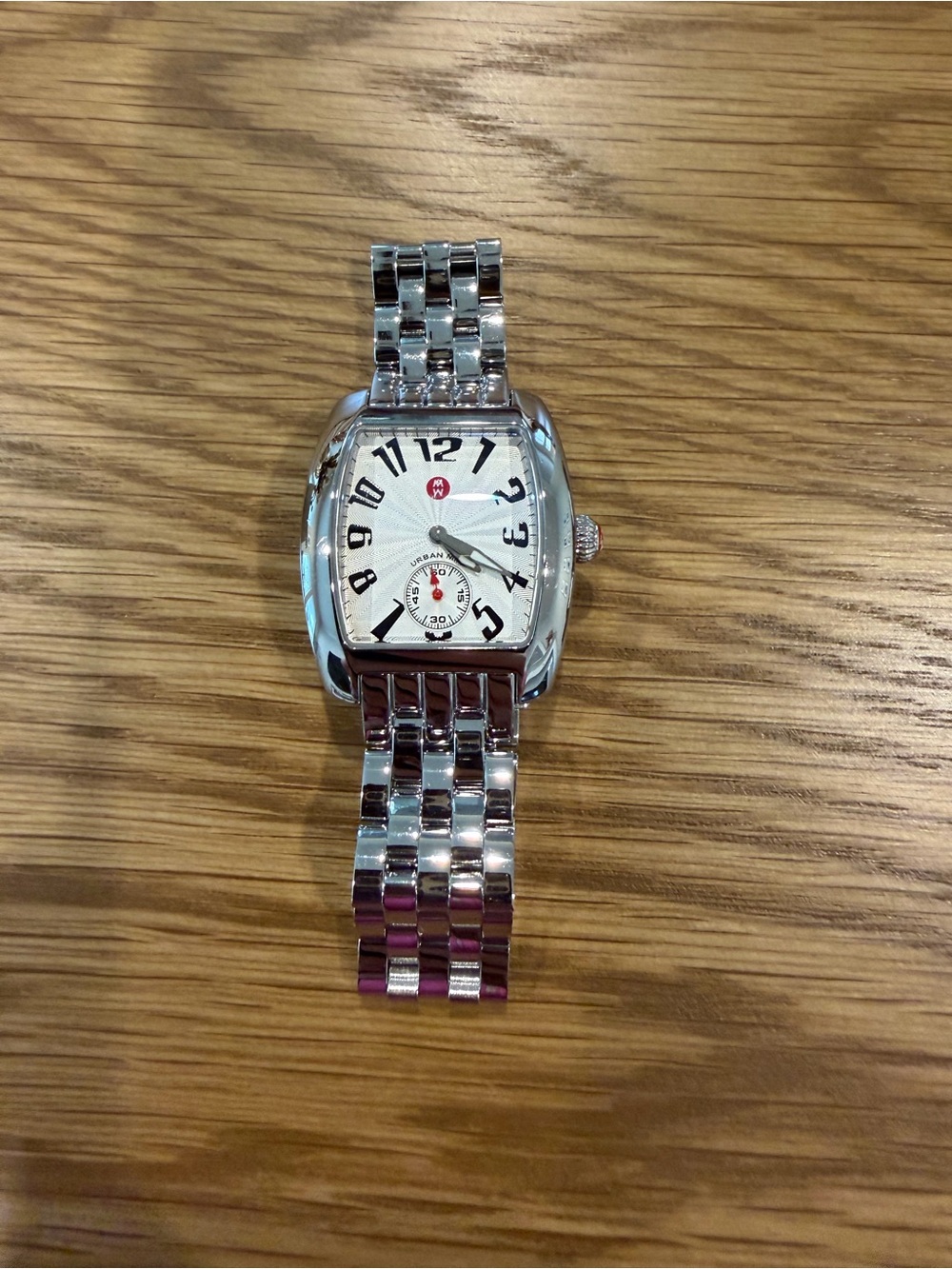 Michele Silver-Tone Bracelet Watch with White Dial and Red Accent